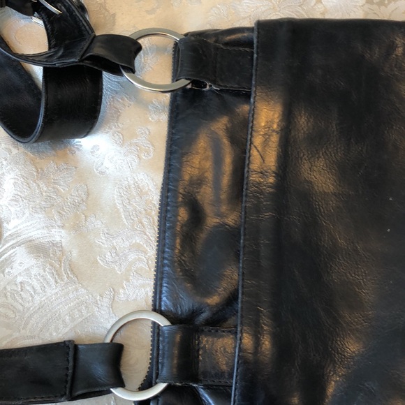 JOANEL BLACK LEATHER STUDDED CROSS BODY WIDE STAP MULTI POCKETS & ZIPPERS - #181 - Picture 9 of 16